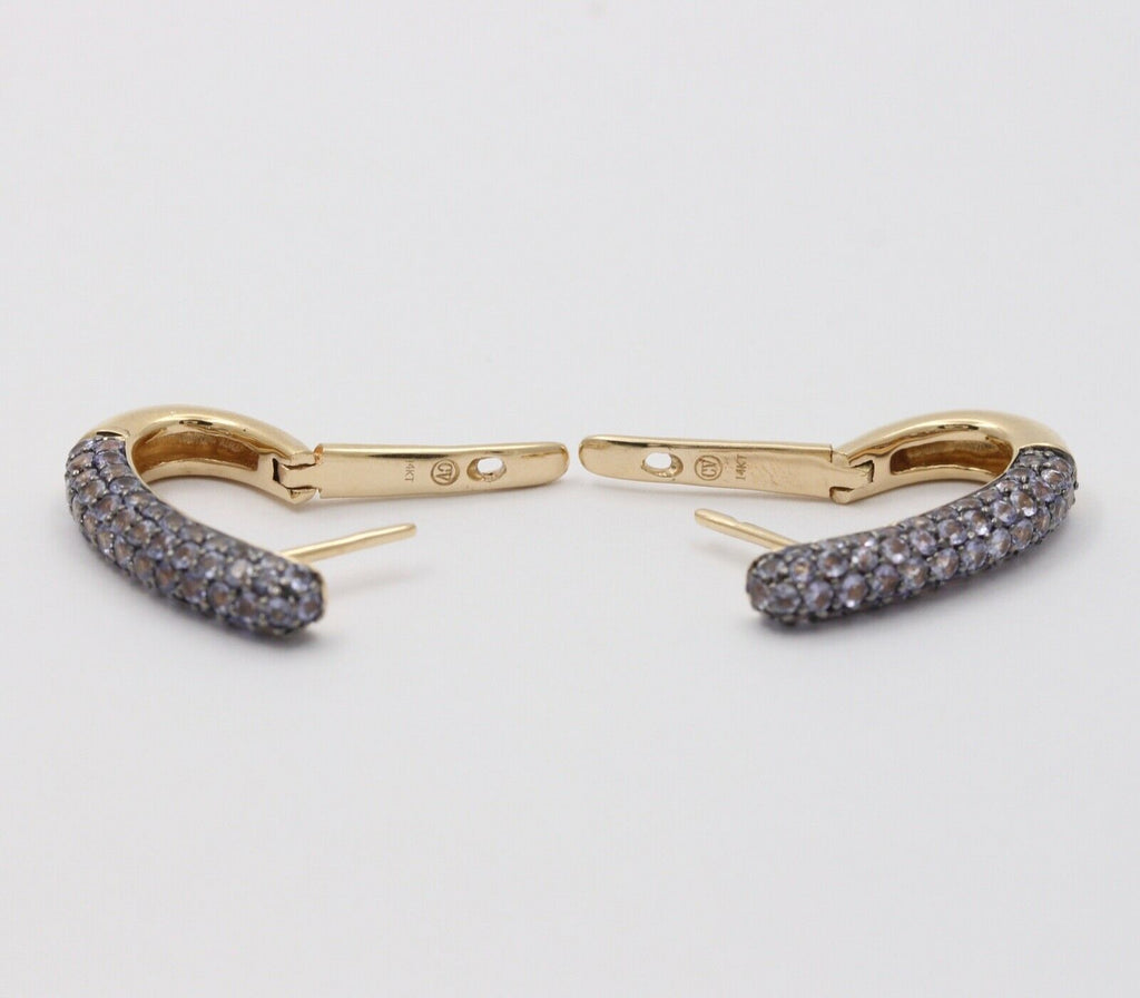 Vintage Pave Tanzanite Hoop 14K Yellow Gold Earrings. Estate Jewelry.