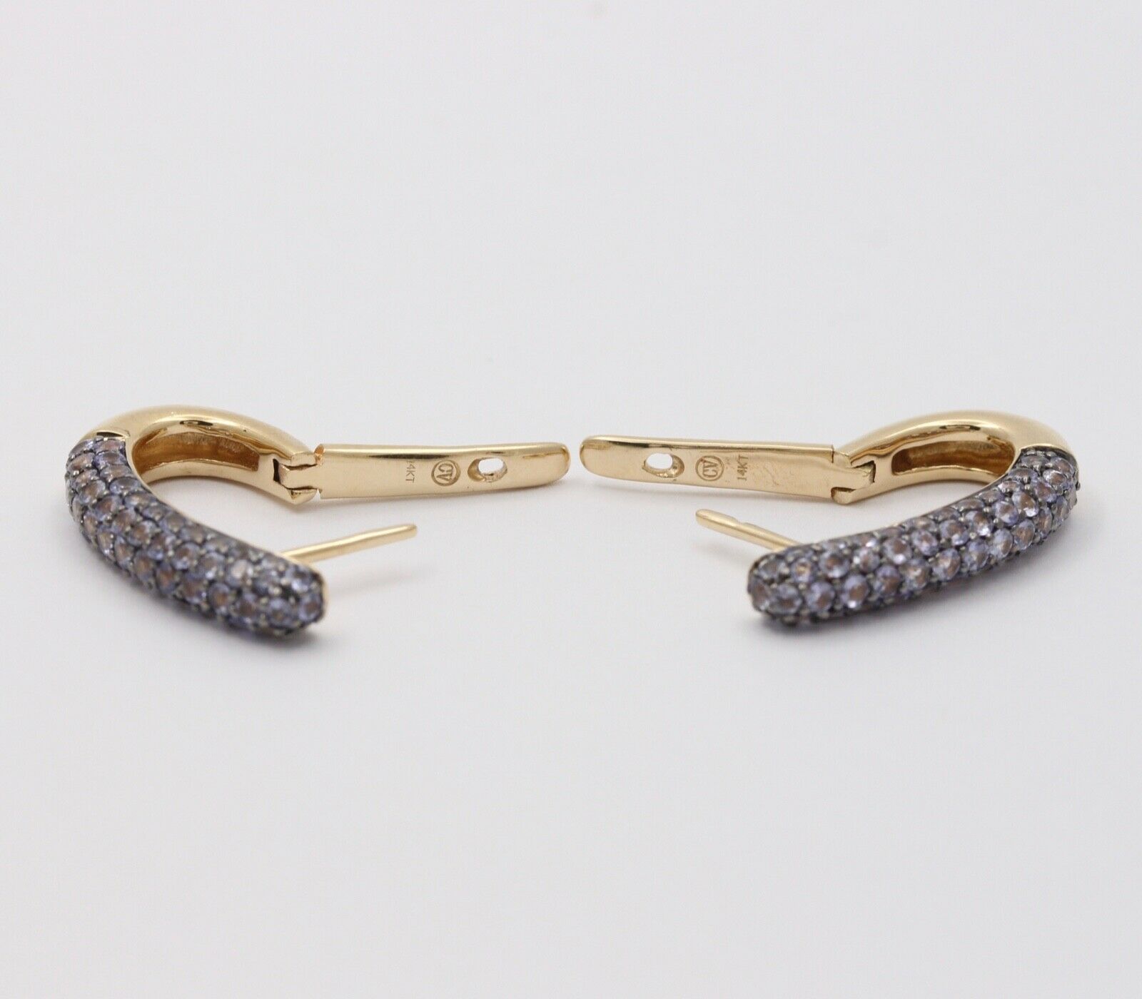 Vintage Pave Tanzanite Hoop 14K Yellow Gold Earrings. Estate Jewelry.