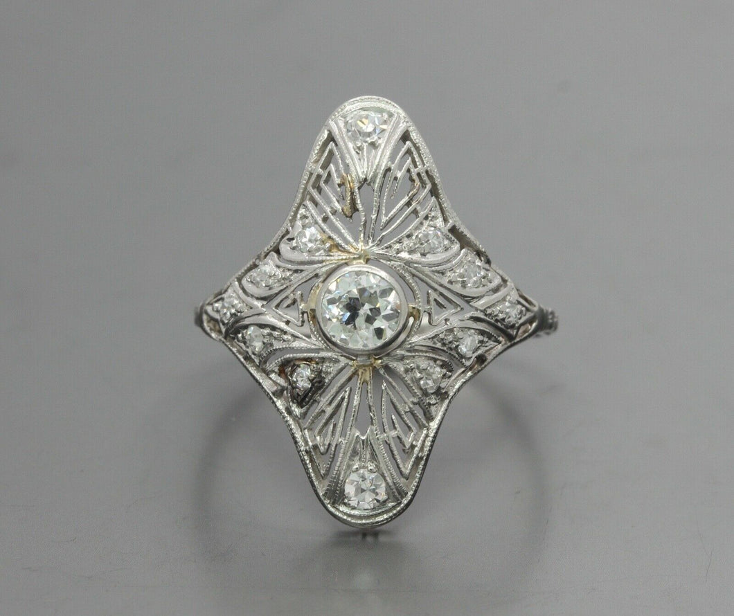 Art Deco 18K White Gold Diamonds Filagree Ring