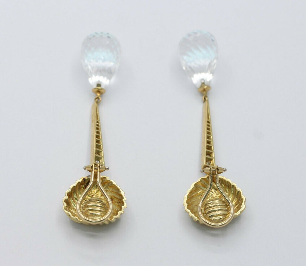 Vintage 18K Yellow Gold Diamond Rock Crystal Tear Drop Clip Earrings
