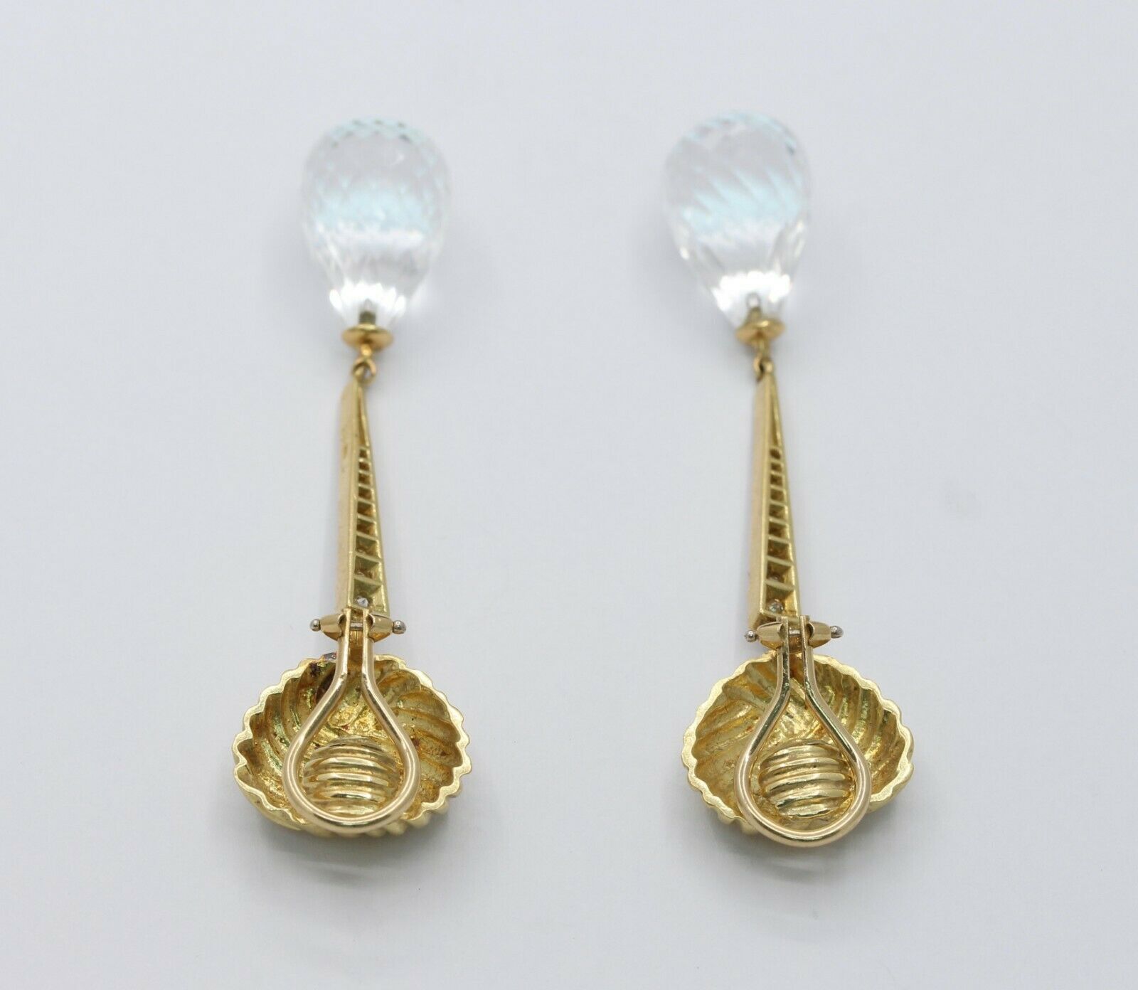 Vintage 18K Yellow Gold Diamond Rock Crystal Tear Drop Clip Earrings