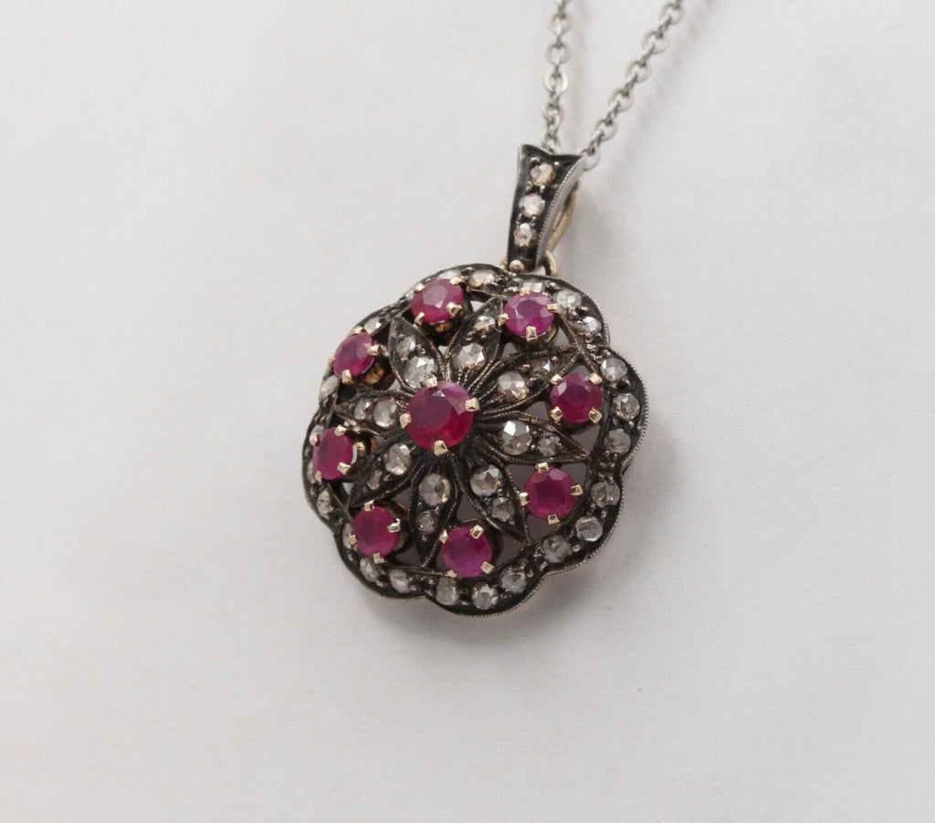 Victorian Rubies Diamonds 14K Rose Gold Silver Pendant