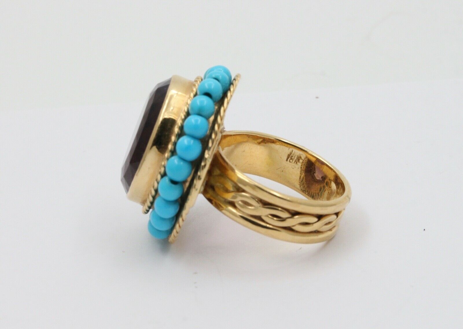 Vintage 18K Huge Amethyst Turquoise Statement Ring