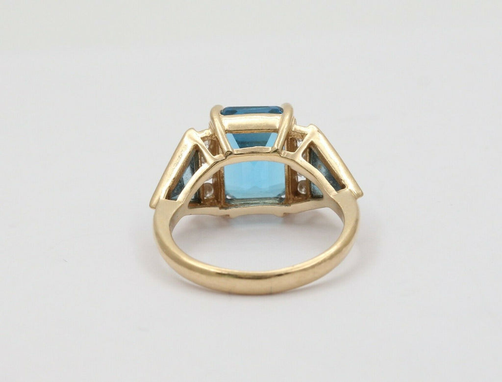 Vintage Emerald-cut London Blue Topaz 14K Yellow Gold Diamond Ring, Cocktail Rin