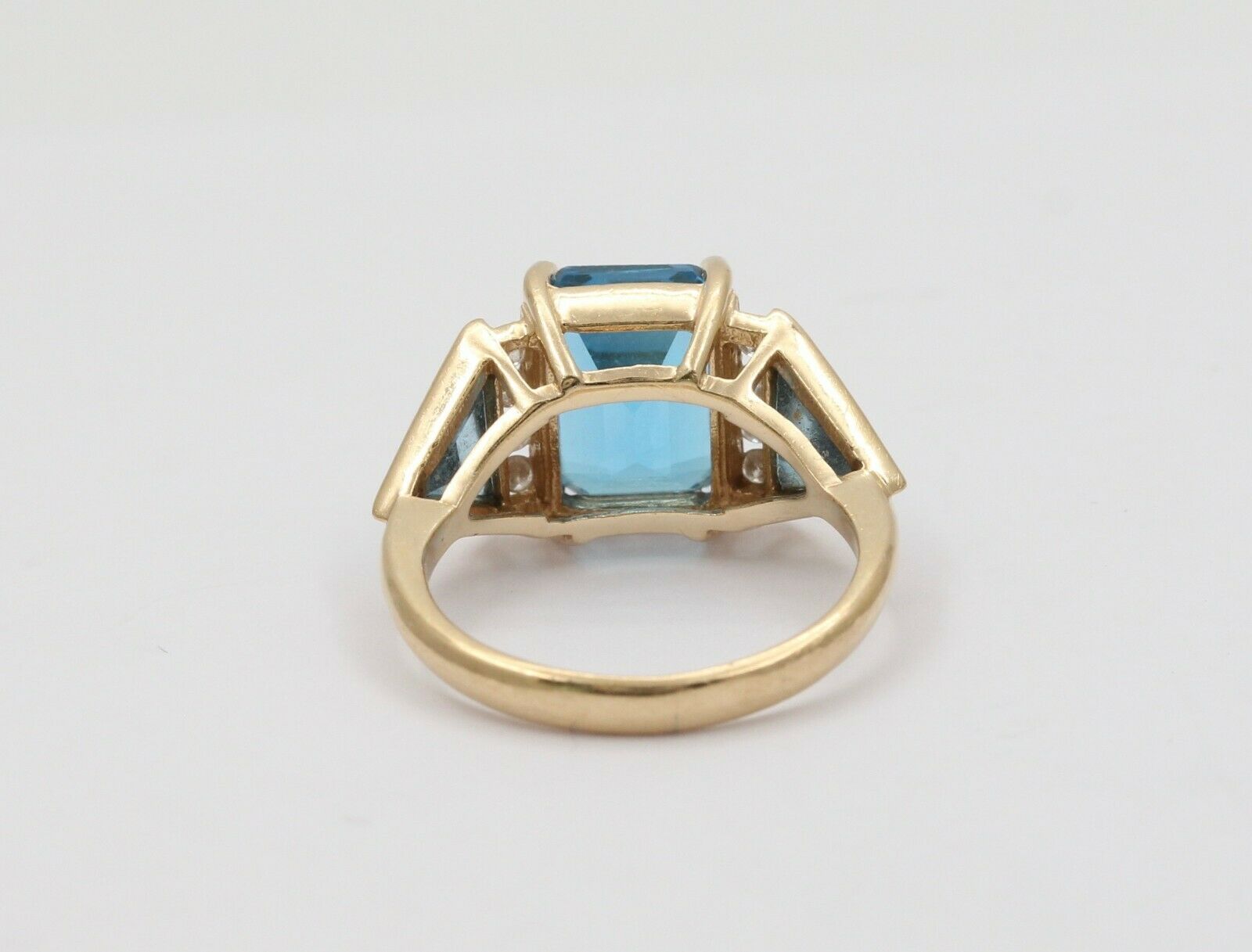 Vintage Emerald-cut London Blue Topaz 14K Yellow Gold Diamond Ring, Cocktail Rin