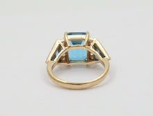 Load image into Gallery viewer, Vintage Emerald-cut London Blue Topaz 14K Yellow Gold Diamond Ring, Cocktail Rin
