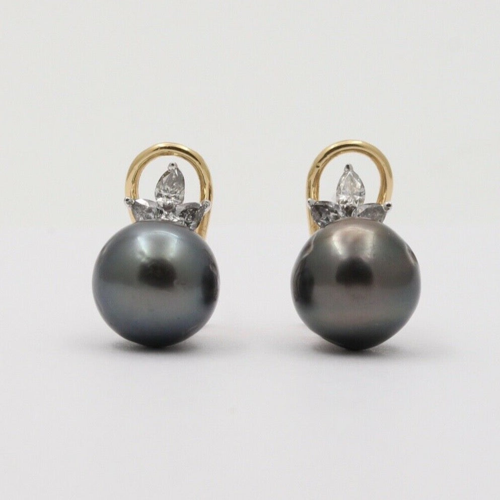 Lovely Tahitian Pearl Diamonds 18K White Yellow Gold Vintage Earrings