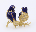 Vintage 18K Gold, Enamel, and Diamond Love Birds Brooch, Parrot Pin
