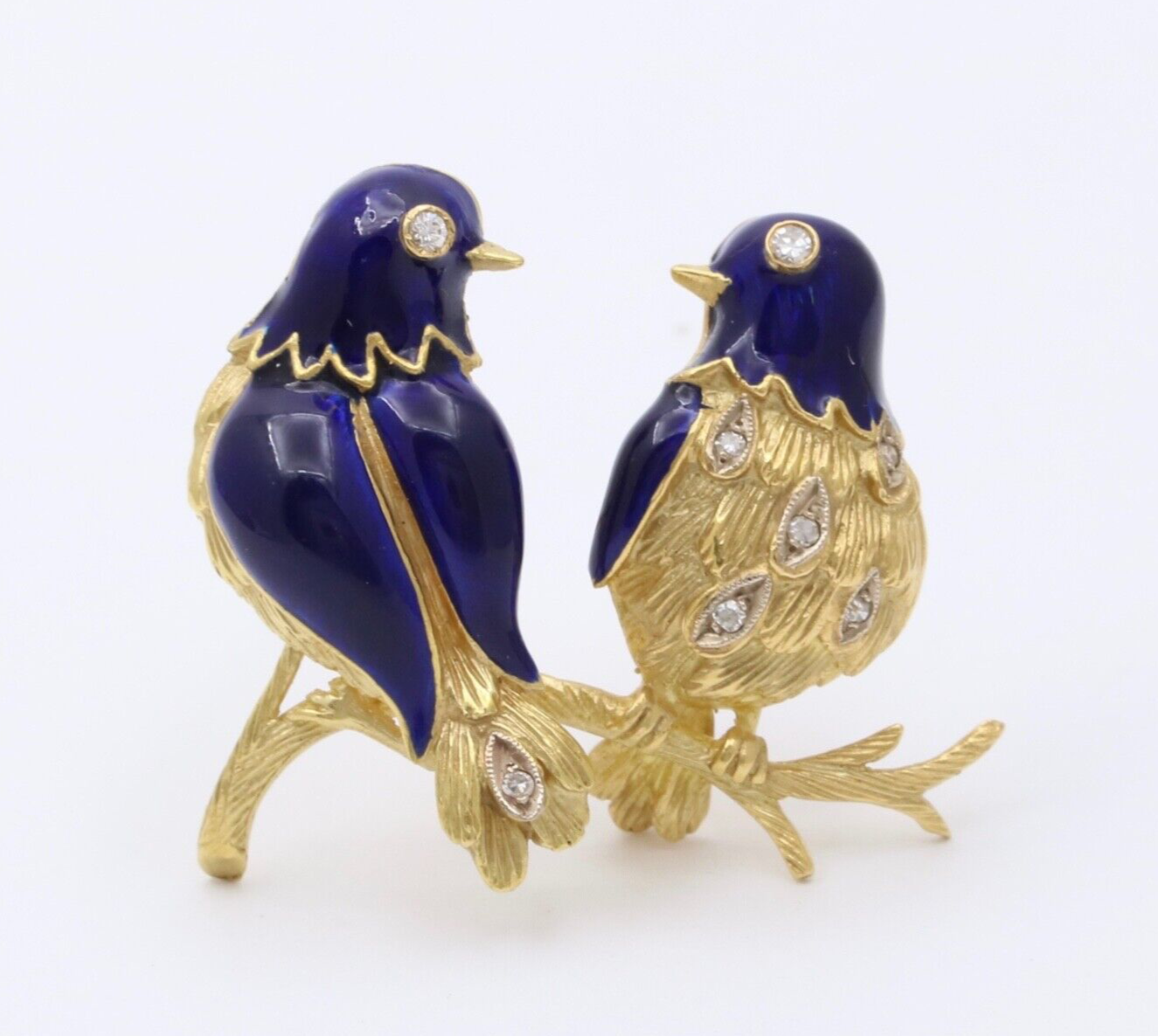 Vintage 18K Gold, Enamel, and Diamond Love Birds Brooch, Parrot Pin