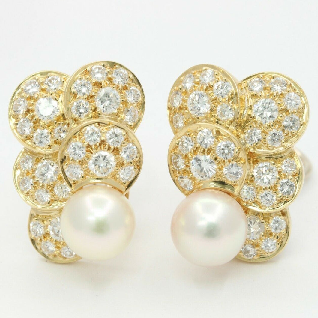 Vintage 14K Yellow Gold 9mm Akoya Pearl Diamond Clip on Earrings