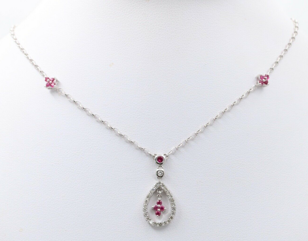 Elegant 18K White Gold Tear Drop Diamond & Ruby Pendant Necklace