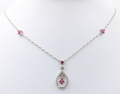 Elegant 18K White Gold Tear Drop Diamond & Ruby Pendant Necklace