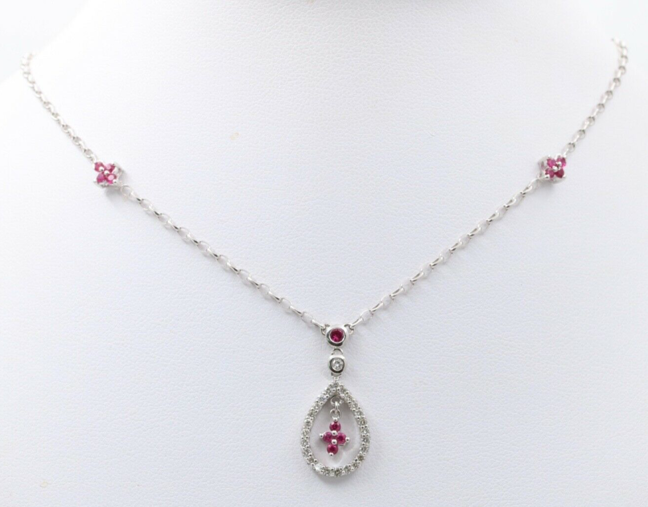 Elegant 18K White Gold Tear Drop Diamond & Ruby Pendant Necklace