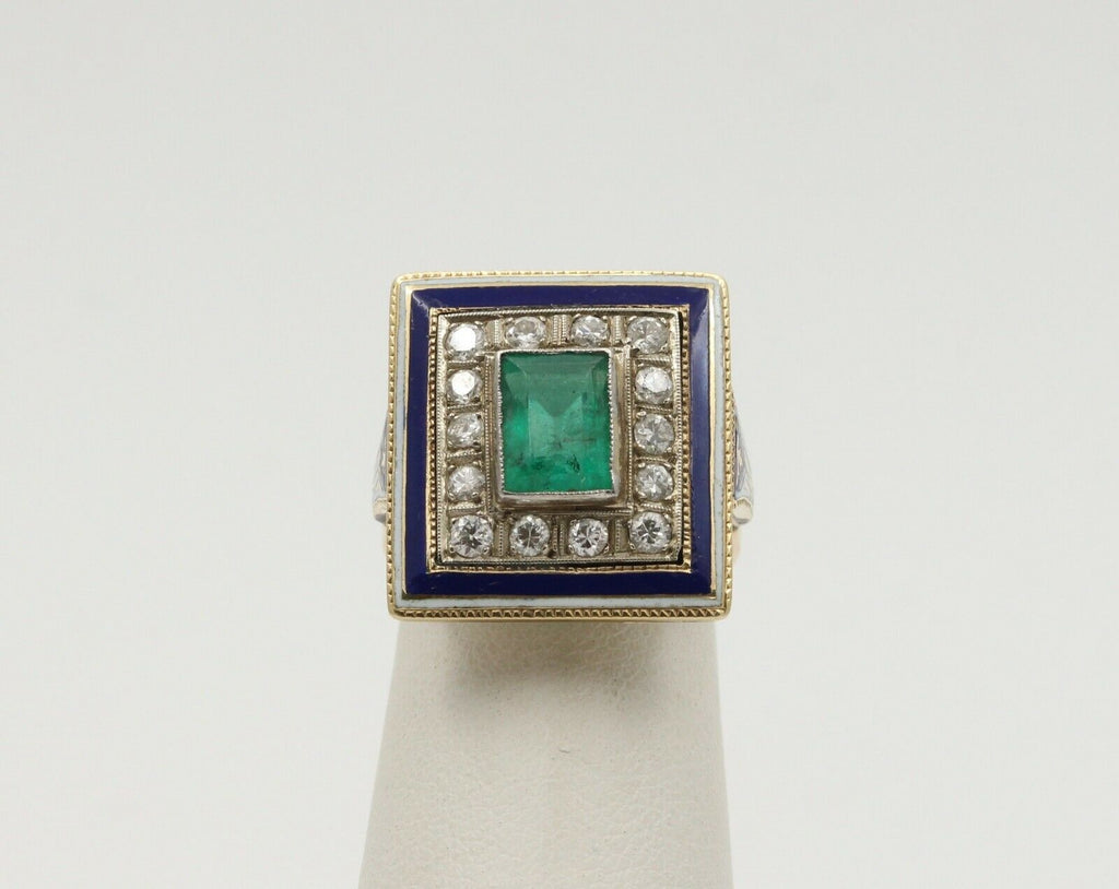 Vintage 14K Yellow Gold Emerald Diamond Enamel Ring