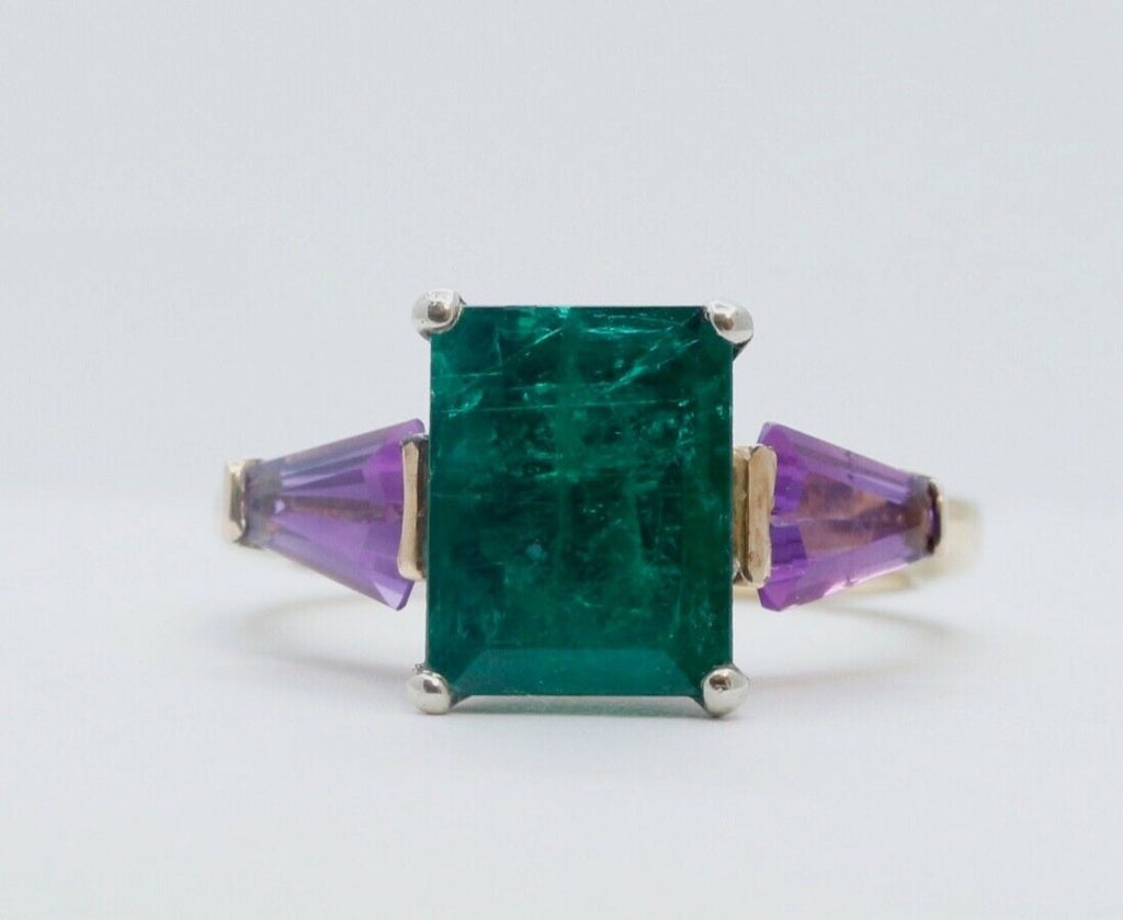 Vintage Emerald Amethyst 18K Yellow Gold Ring