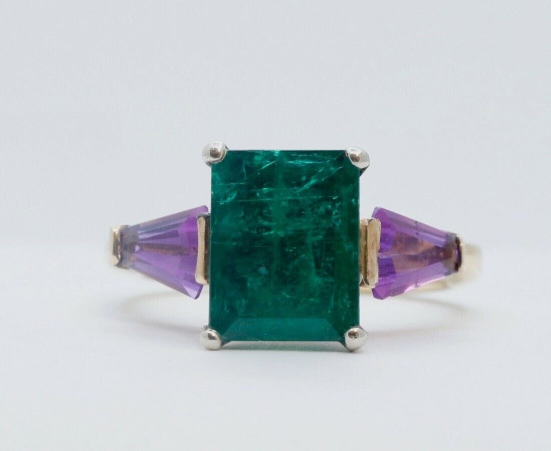 Vintage Emerald Amethyst 18K Yellow Gold Ring