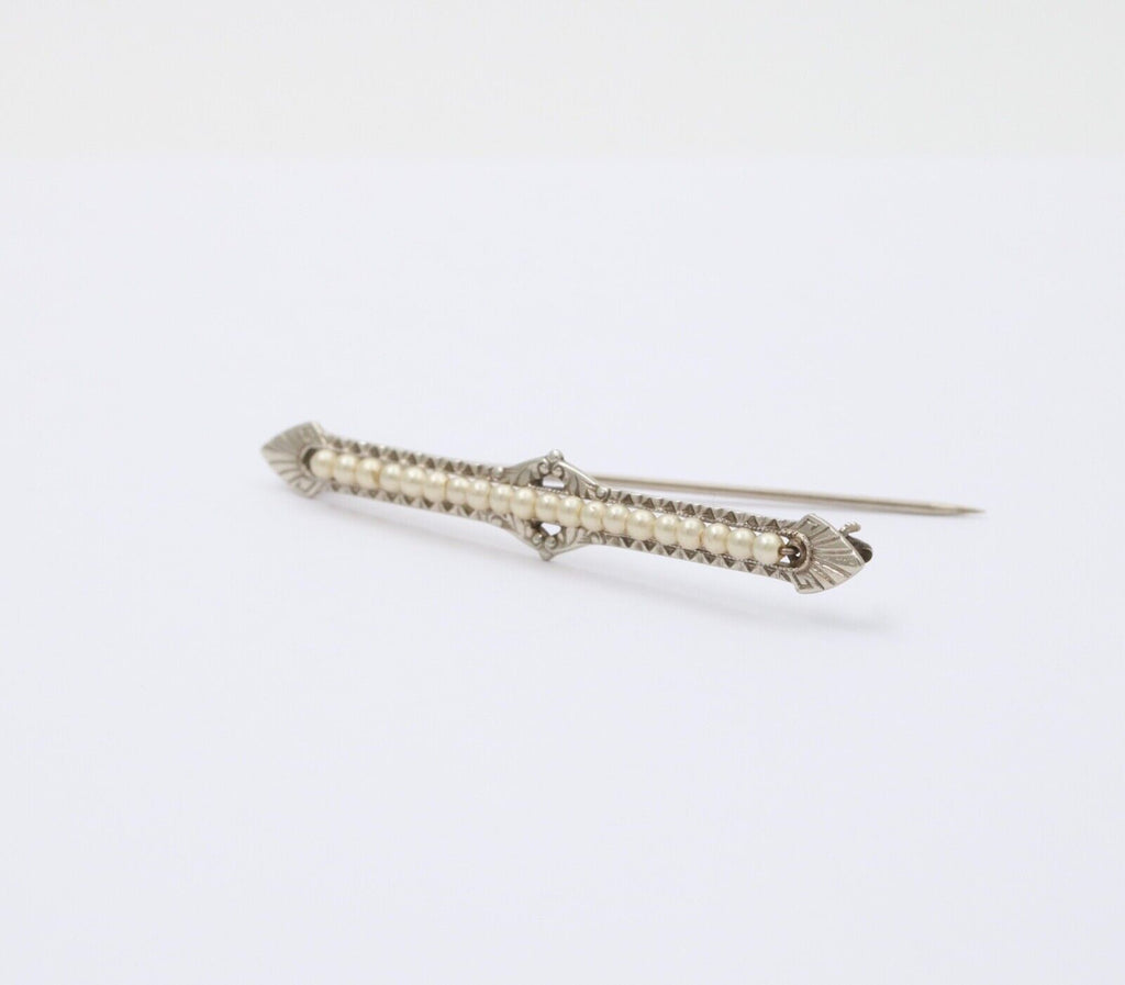 Antique 10K White Gold Art Deco Pearl Bar Brooch, Pin
