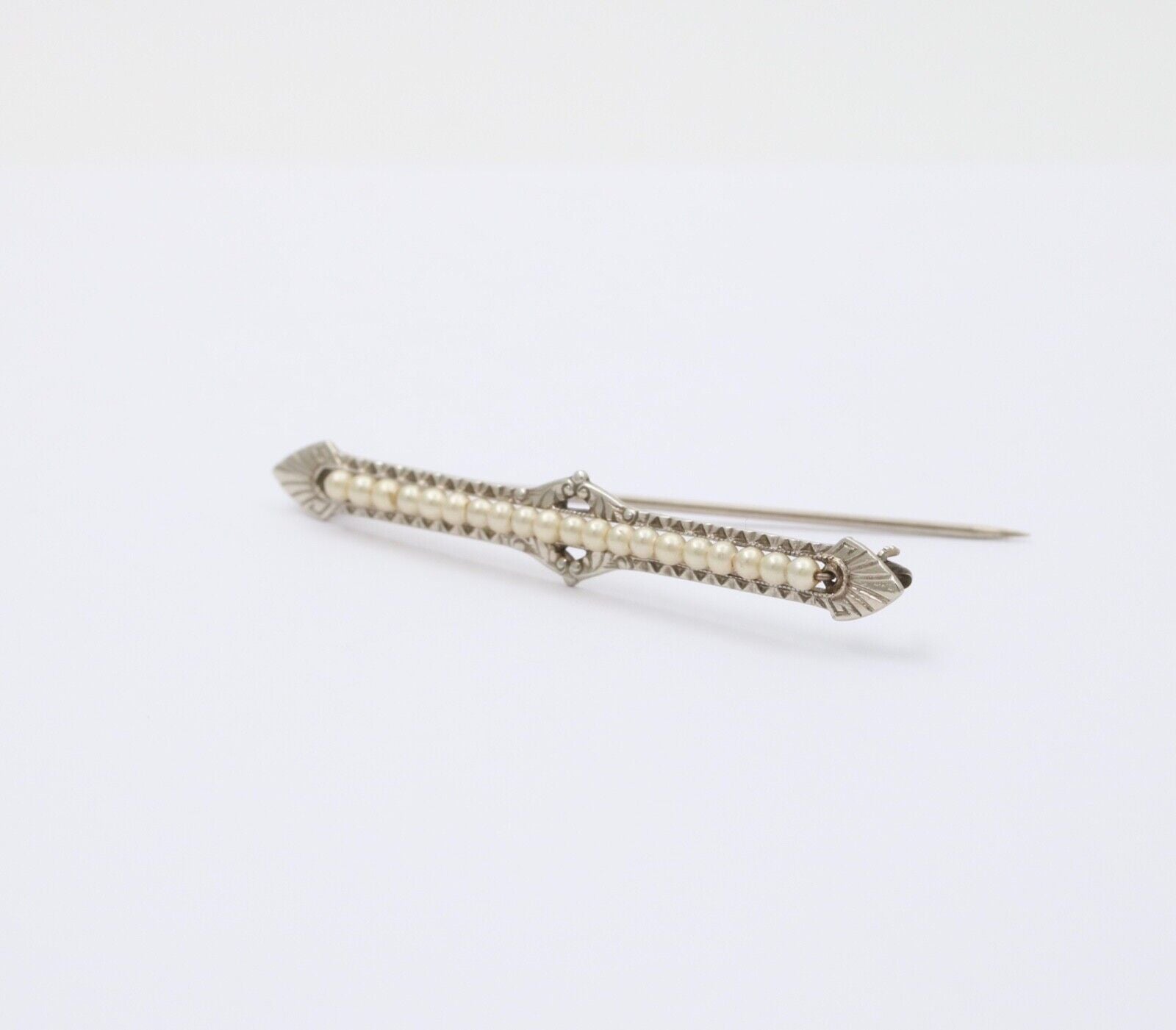 Antique 10K White Gold Art Deco Pearl Bar Brooch, Pin