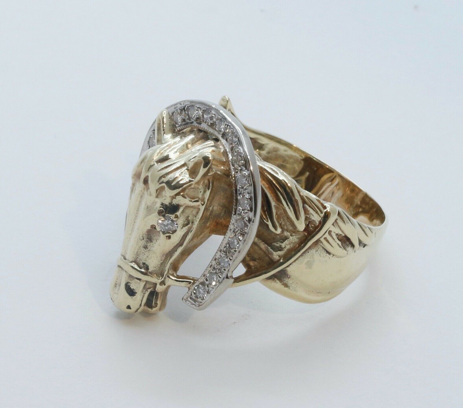 Chunky Unisex 14K Yellow Gold Diamonds Horse Afficionado Ring
