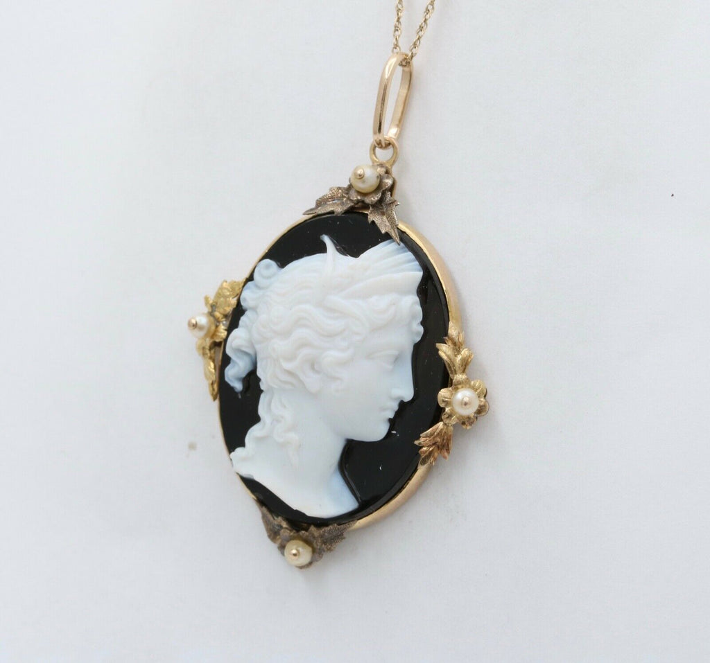 Victorian Cameo Seed Pearls Onyx 14K Yellow Gold Pendant