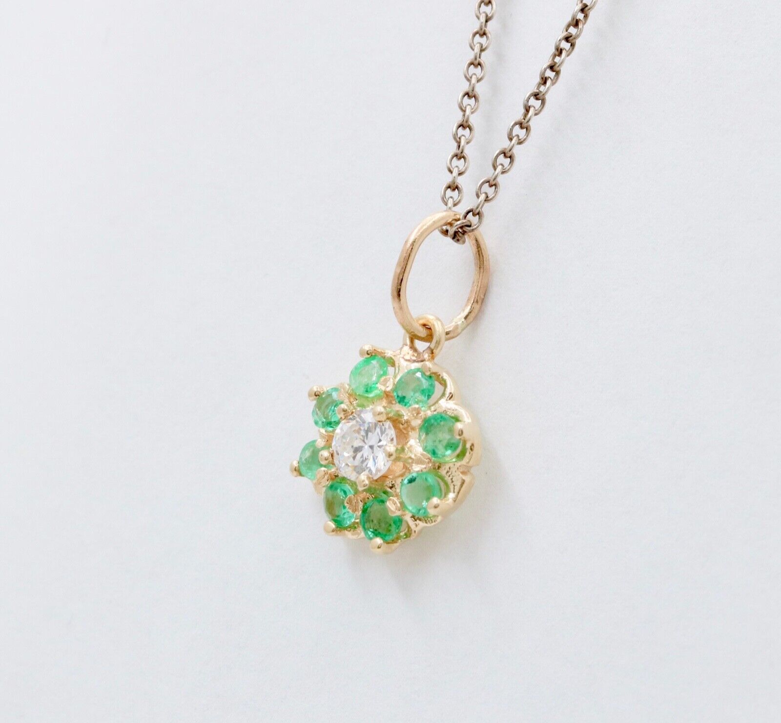 Vintage Flower Diamond Emerald 14K Yellow Gold Pendant