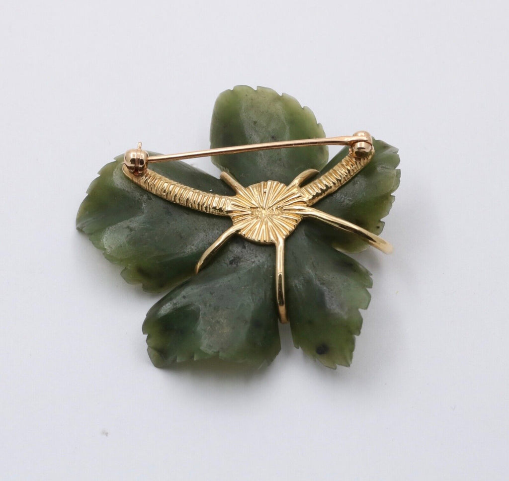 Vintage Diamond and Curved Jade 14K Yellow Gold Leaf Brooch, Pendant.
