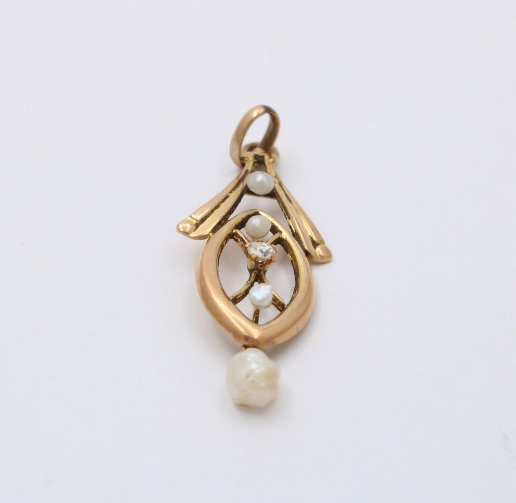 Art Nouveau Diamond Seed Pearls 10K Yellow Gold Pendant