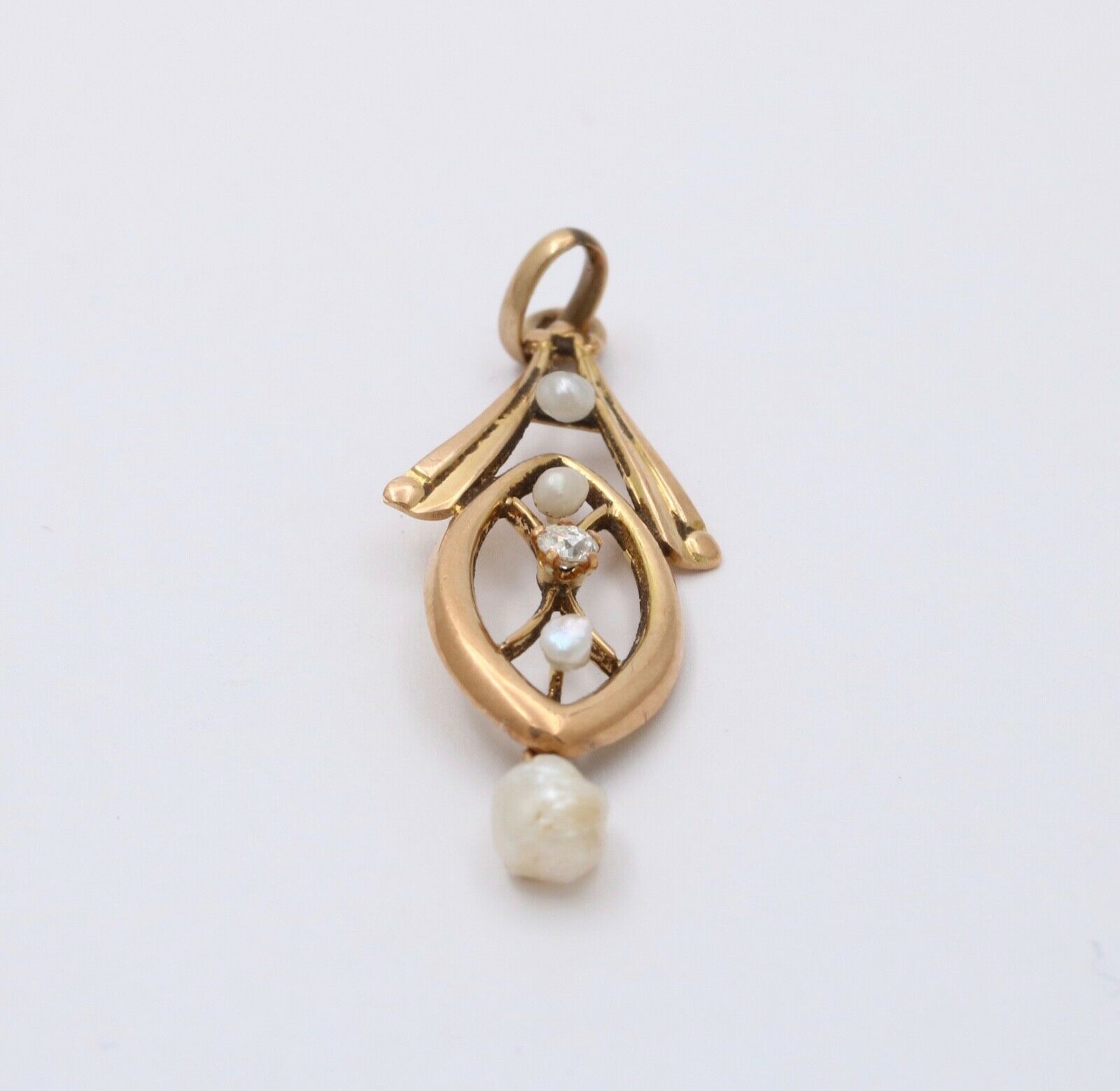 Art Nouveau Diamond Seed Pearls 10K Yellow Gold Pendant