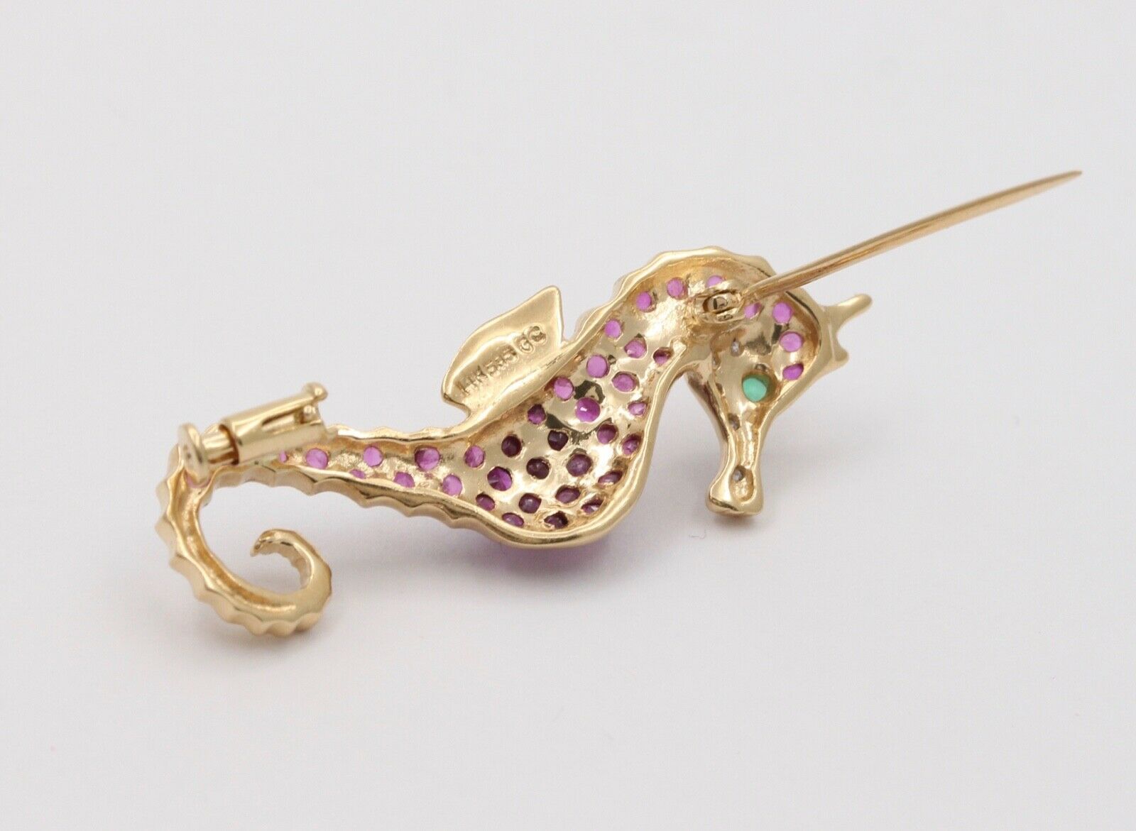 Lovely Vintage Seahorse Rubies Diamonds Emerald 14K Yellow White Gold Brooch Pin