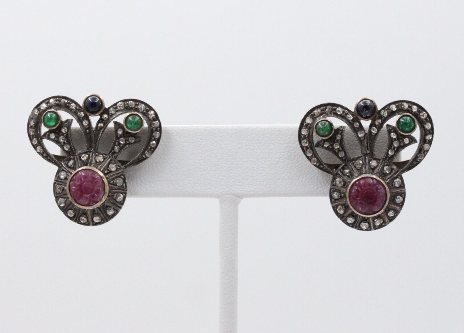 Antique 14K Gold & Silver Diamond, Ruby, Emerald and Sapphire Earrings