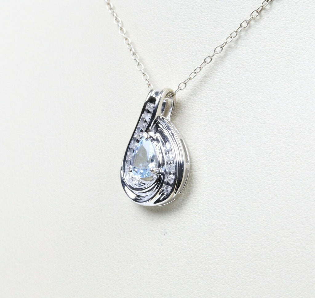 Vintage 14K White Gold Aquamarine Diamond Tear Drop Pendant