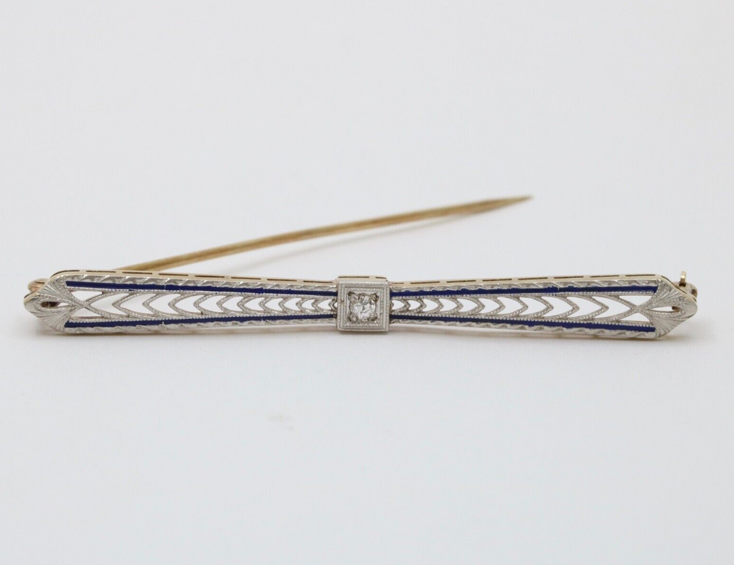 Vintage 14K Yellow Gold & Platinum Diamond Enamel Bar Pin.