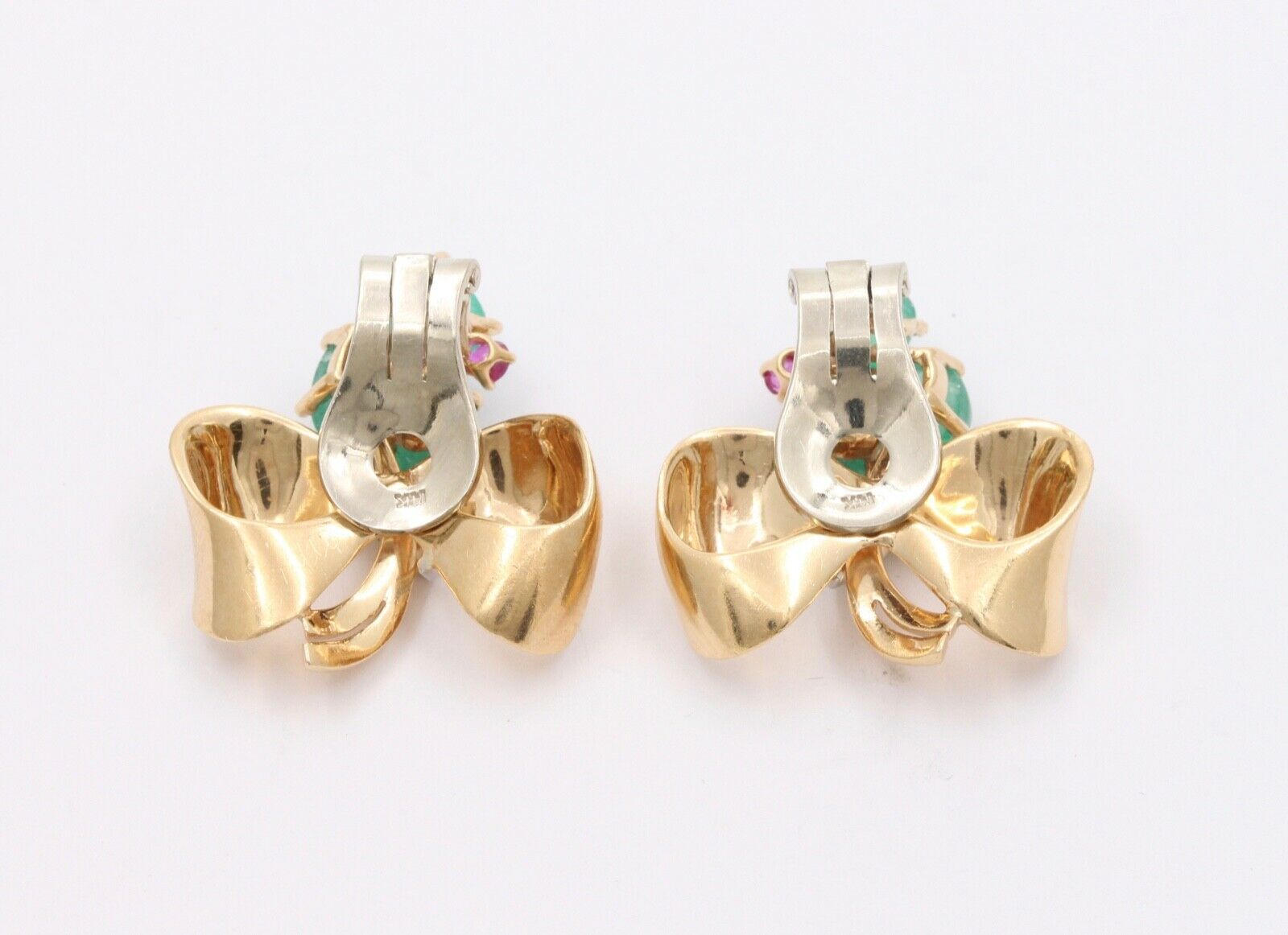 Vintage Bow Emeralds Rubies Diamonds 14K Yellow Gold Earrings