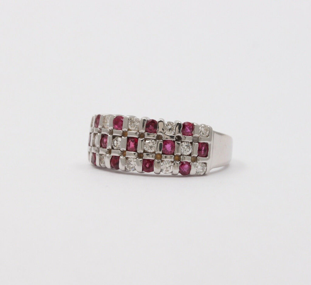 Vintage 14K White Gold Diamond & Ruby Checkerboard Ring Band