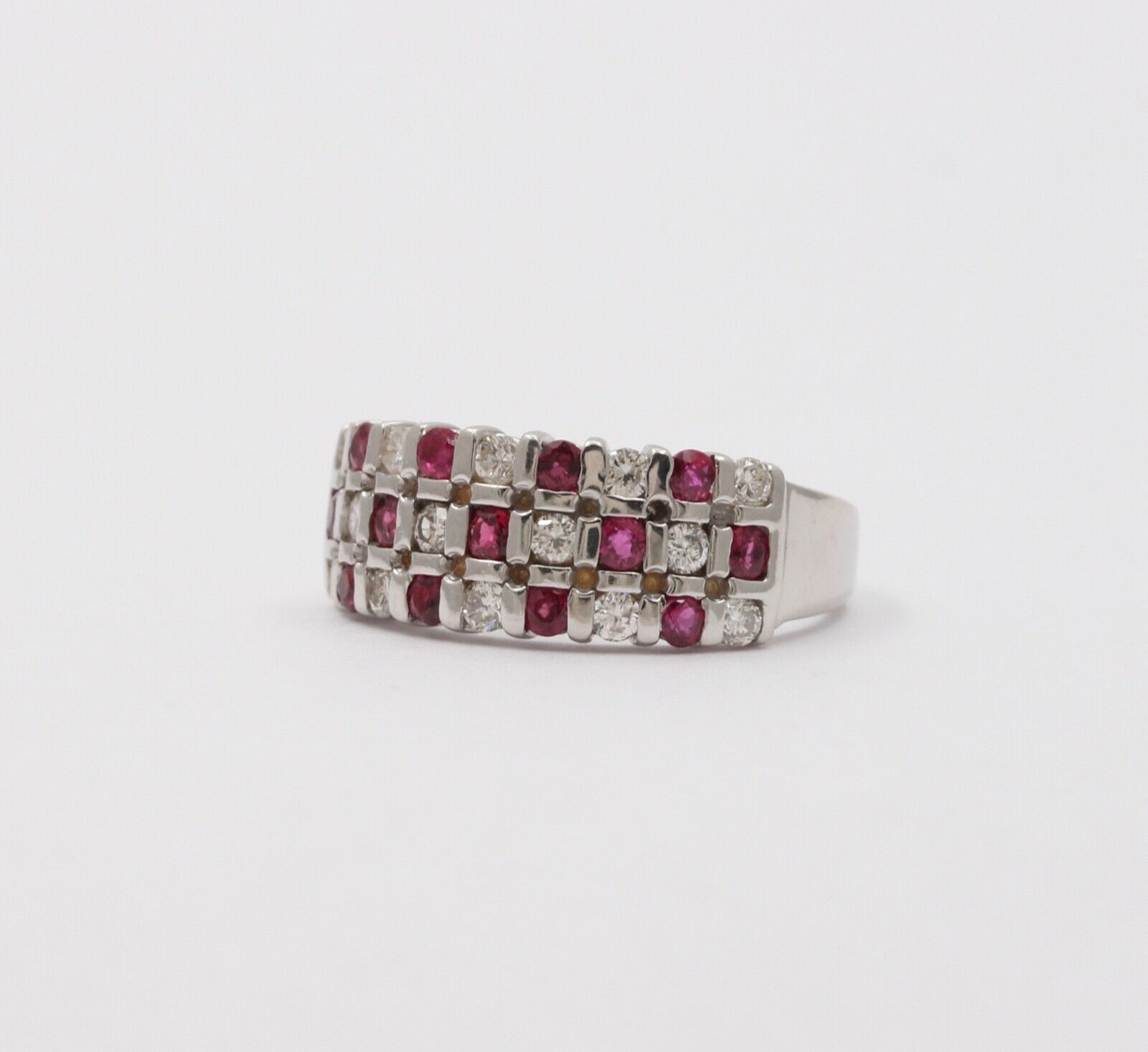 Vintage 14K White Gold Diamond & Ruby Checkerboard Ring Band