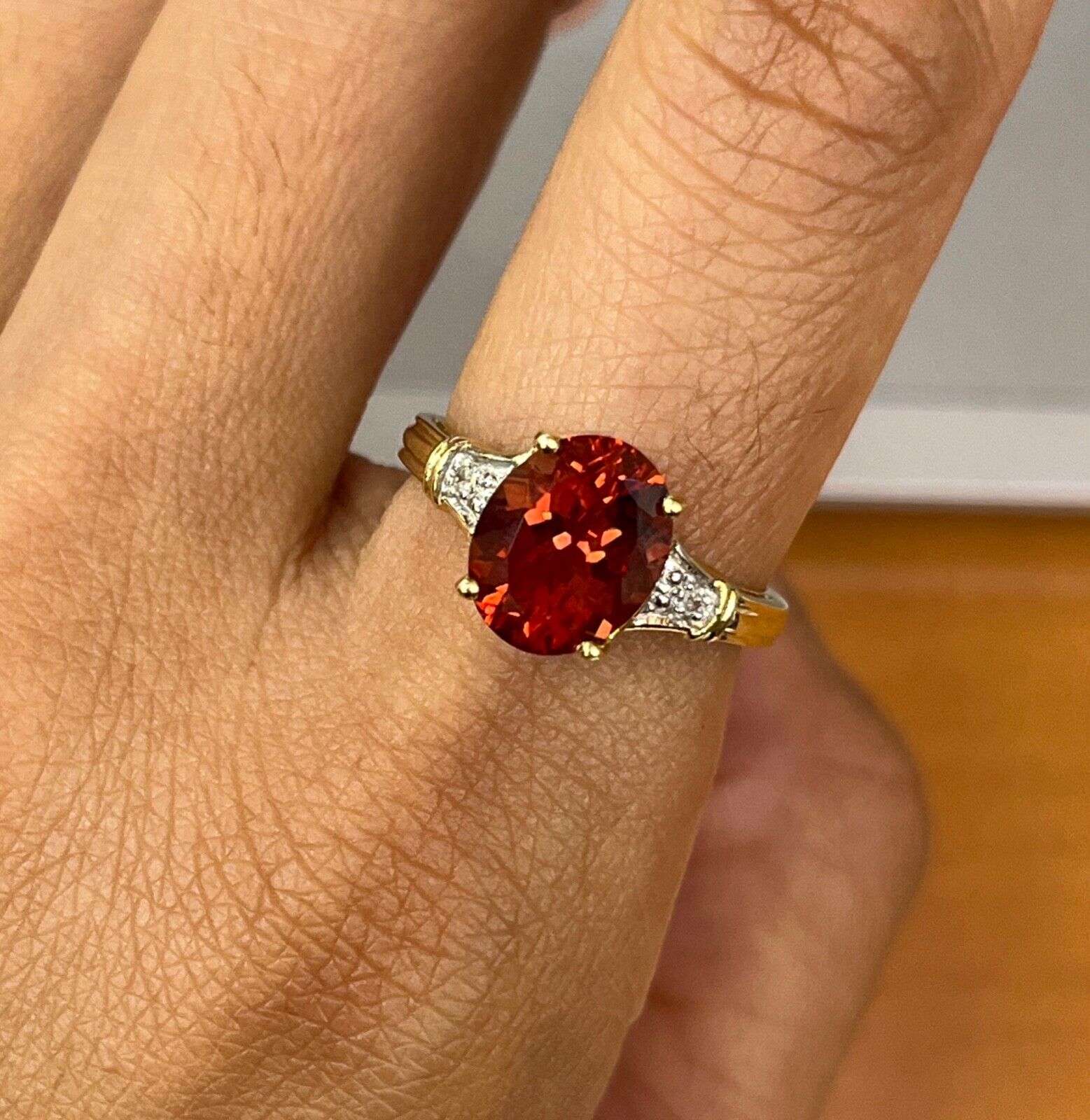 Vintage 14K Gold Andesine And Diamond Engagement Ring .