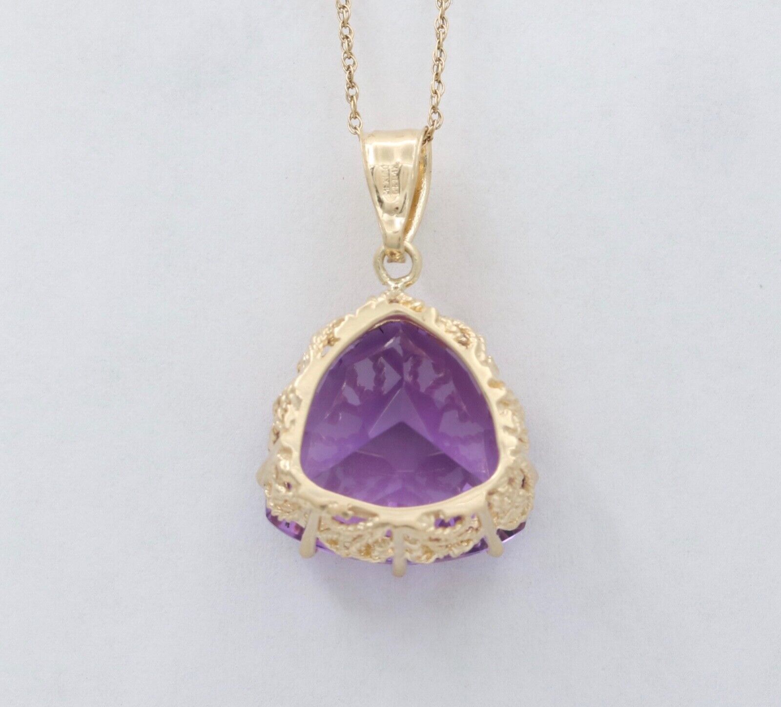 Vintage Triangle Checkerboard Cut Amethyst 14K Yellow Gold Pendant