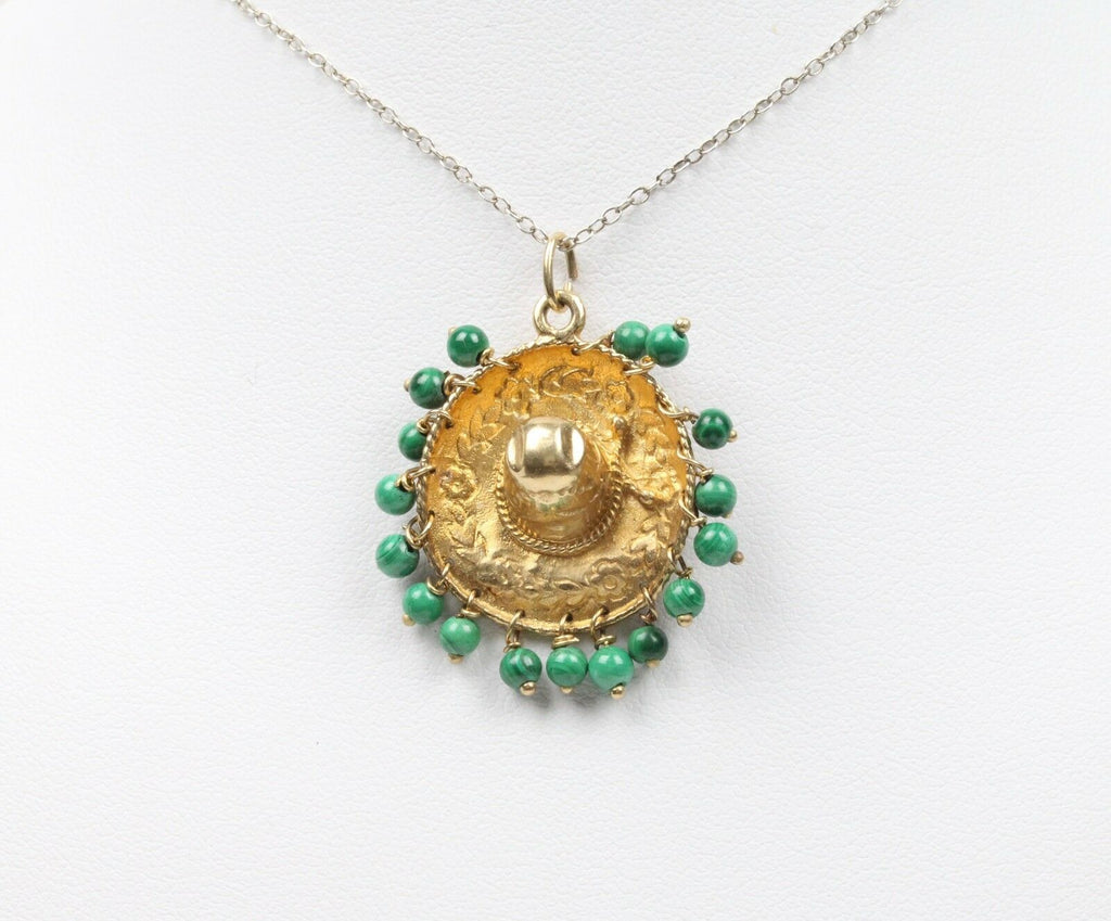 Vintage Sombrero Pendant 14K Yellow Gold Malachite