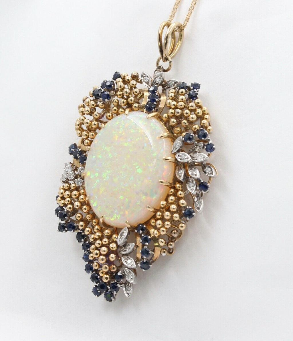 Vintage 14K Yellow Gold Giant Opal Diamond Sapphire Grape Pendent