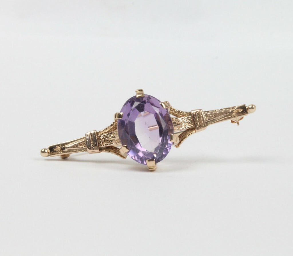 Vintage 14K Yellow Gold Amethyst Bar Brooch, Pin.