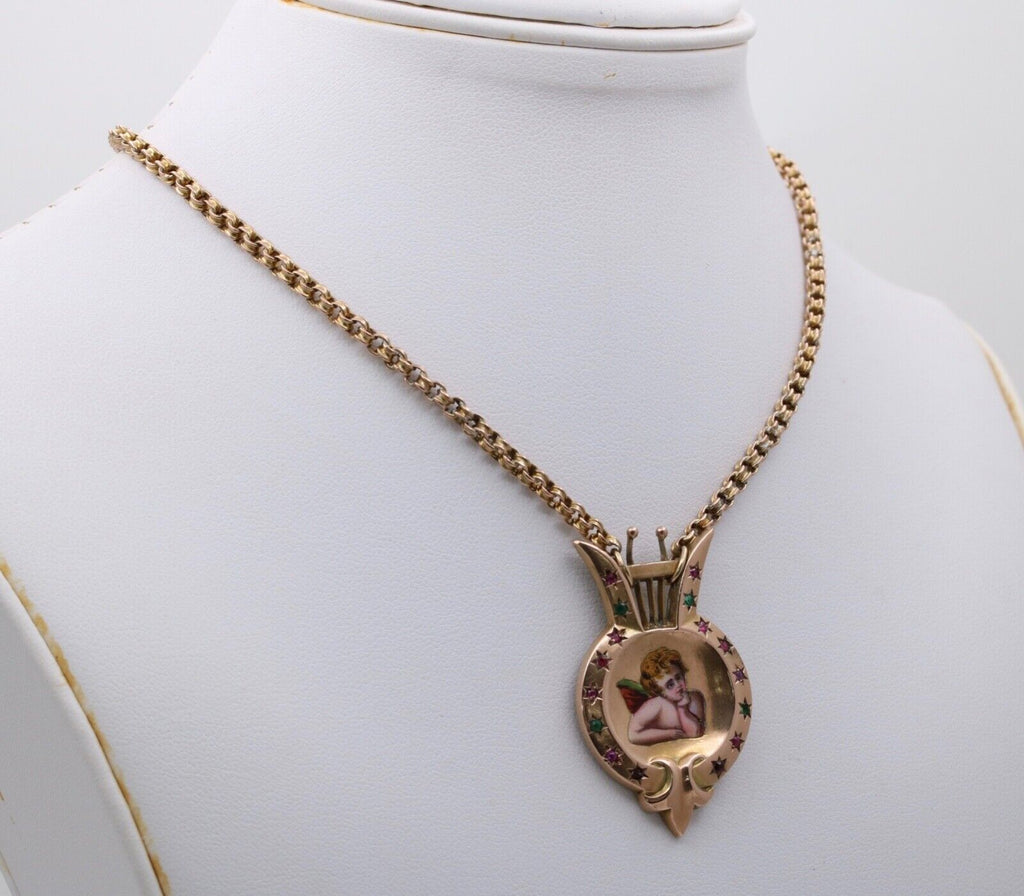 Victorian Enamel Cherub Emerald Ruby Garnet Amethyst 14K Pendant and Rolo Chain