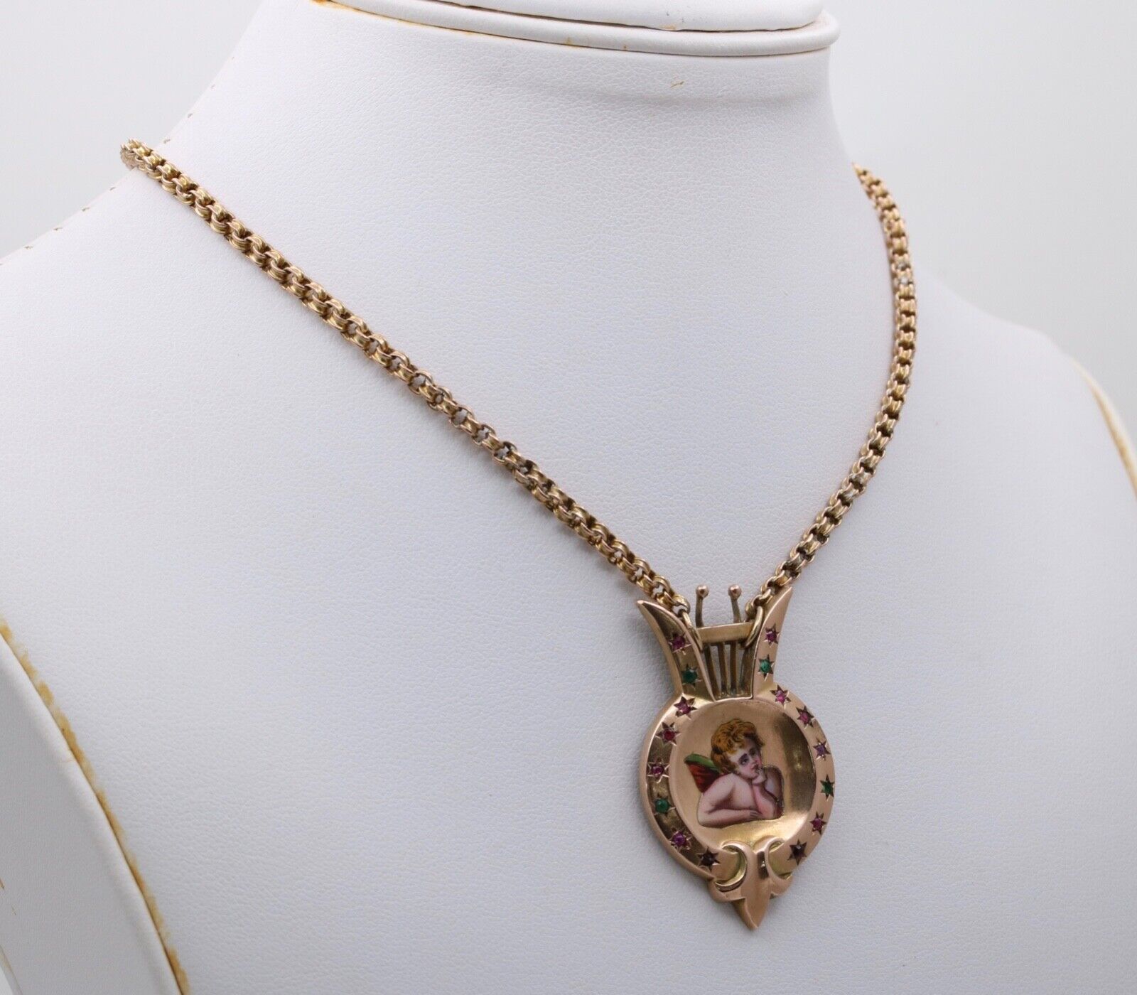 Victorian Enamel Cherub Emerald Ruby Garnet Amethyst 14K Pendant and Rolo Chain