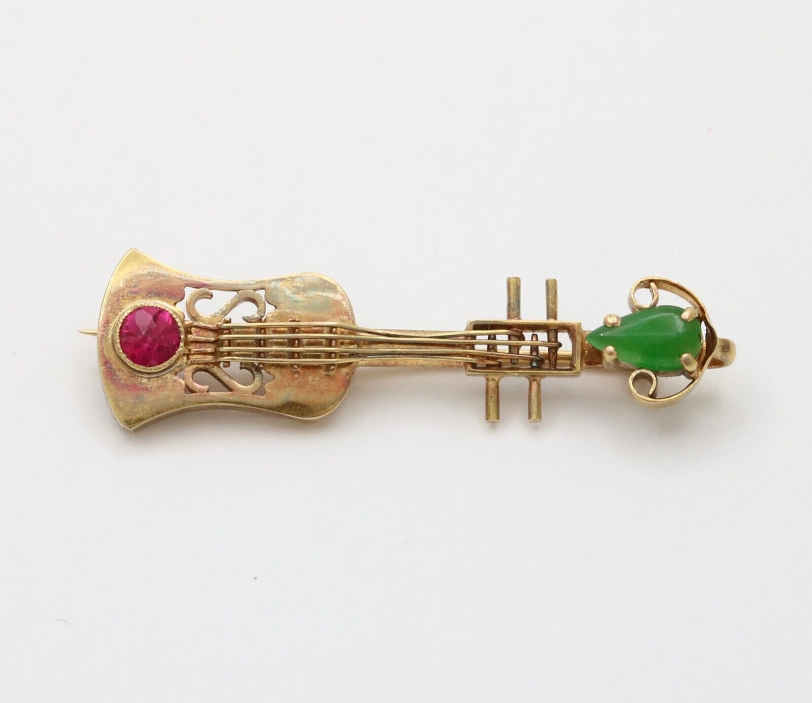 Vintage 18K Yellow Gold Chrysoprase & Pink Tourmaline Chinese Ukulele , Guitar B