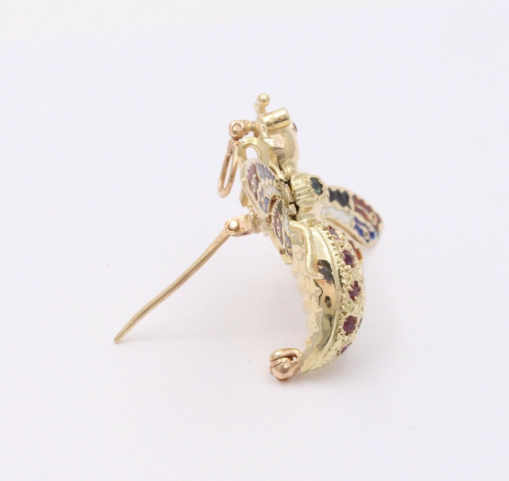 Vintage Movable Honey Bee Sapphires Rubies Enamel 14K Yellow Gold Brooch Pendant