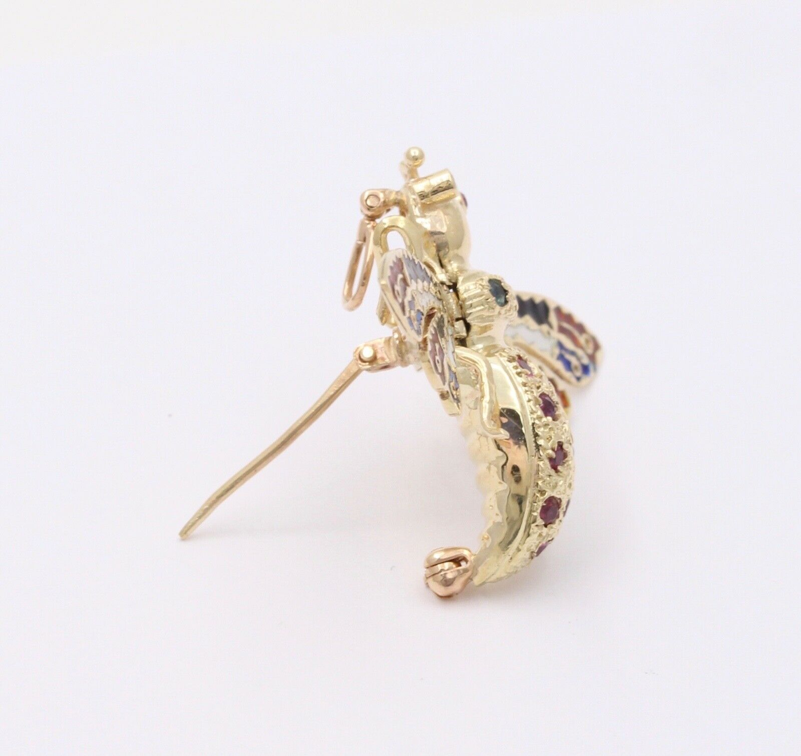 Vintage Movable Honey Bee Sapphires Rubies Enamel 14K Yellow Gold Brooch Pendant