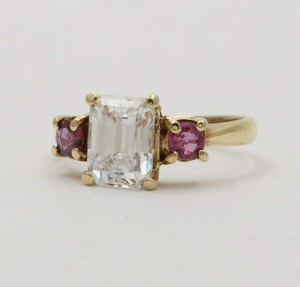 Vintage 14K Yellow Gold Emerald Cut Diamond Pink Tourmaline Ring, Engagement Ring