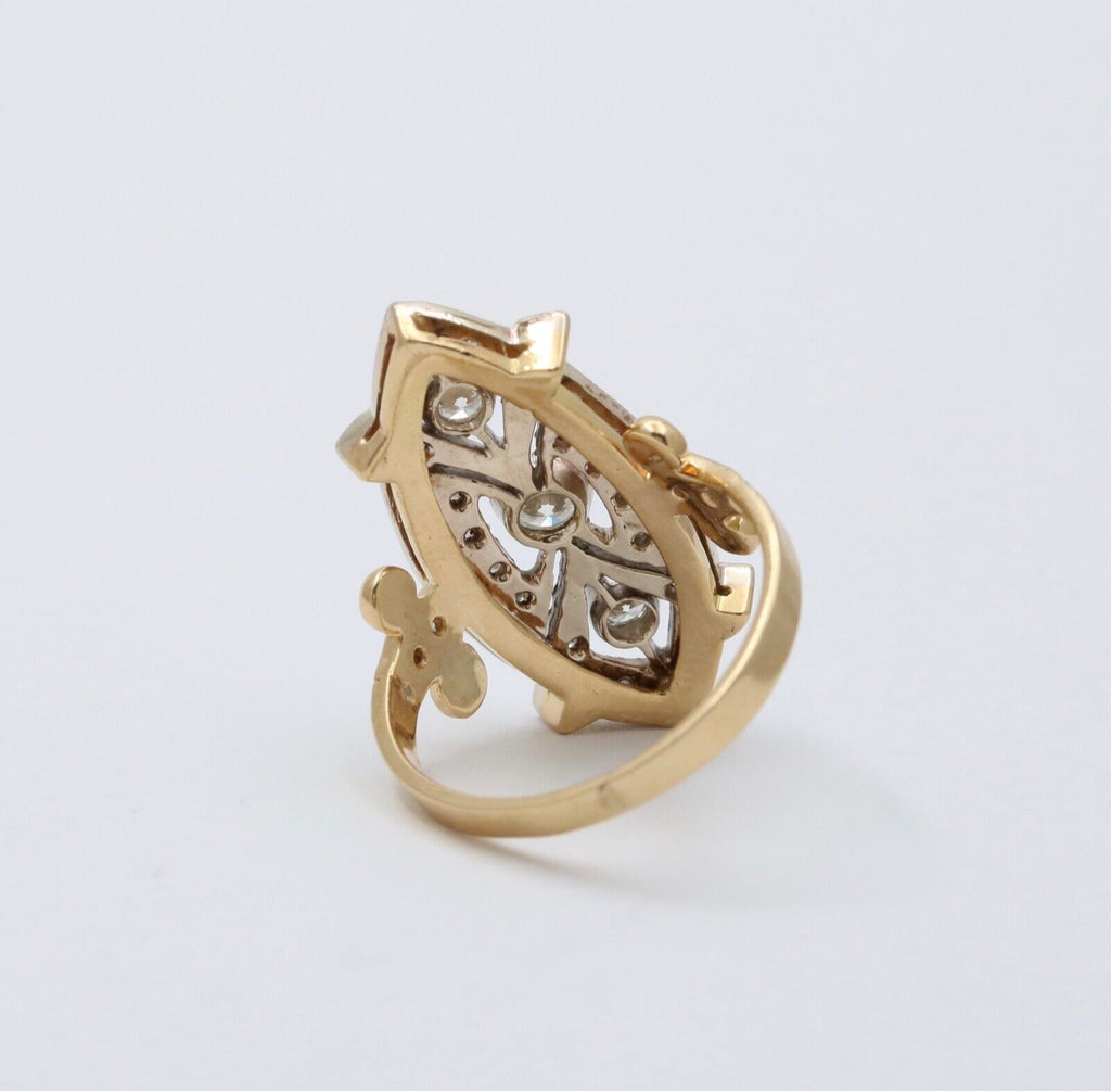 Vintage Russian Navette Diamonds 18K Yellow White Gold Ring