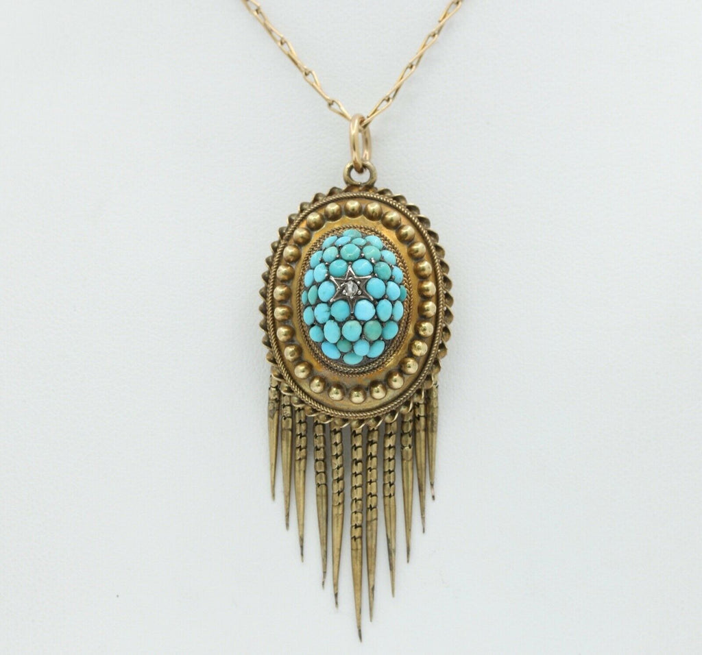 Victorian 14K 10K Yellow Gold Turquoise Diamond Chain Pendant