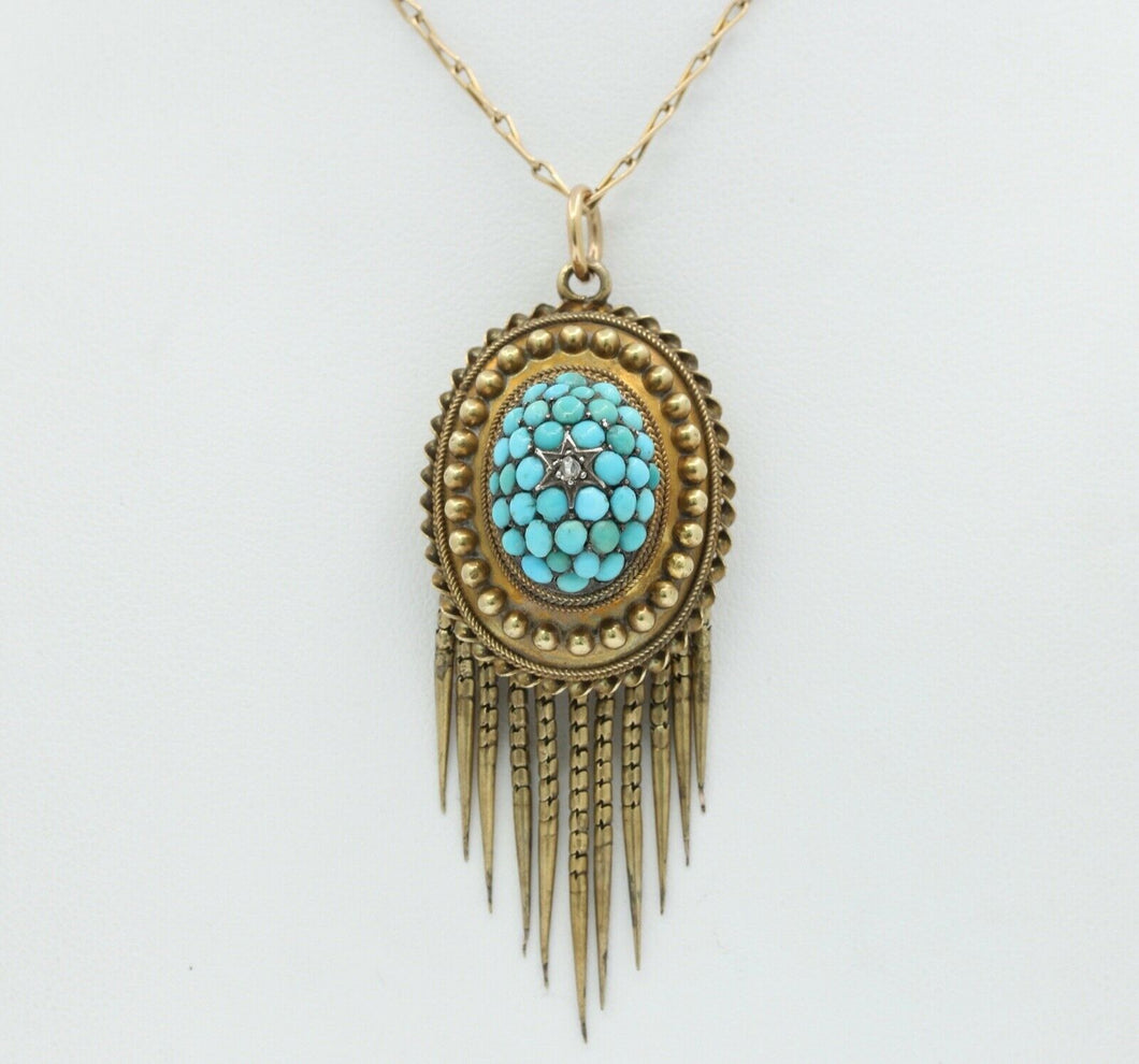 Victorian 14K 10K Yellow Gold Turquoise Diamond Chain Pendant