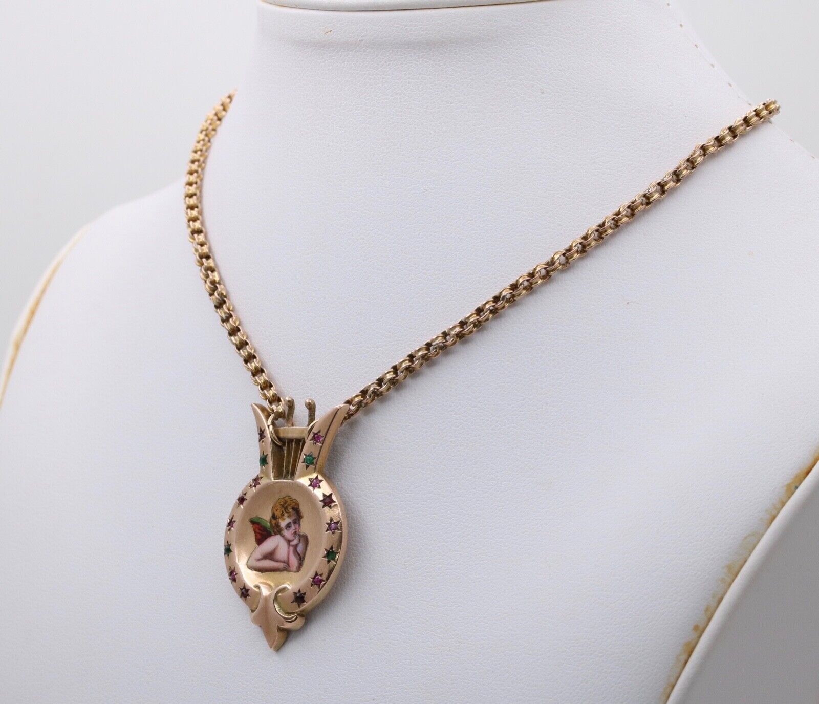 Victorian Enamel Cherub Emerald Ruby Garnet Amethyst 14K Pendant and Rolo Chain